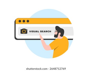 La búsqueda visual permite a los consumidores encontrar productos en línea mediante el reconocimiento de Imágenes basado en IA. La búsqueda visual mejora la precisión de las compras basadas en la Imagen y Asistencia el descubrimiento de productos. Ilustración vectorial
