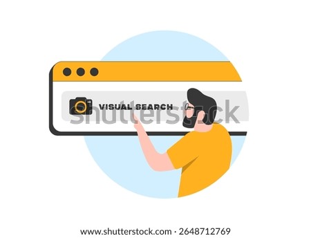 Visual search enables consumers to find products online using AI-powered image recognition. Visual search improves image-based shopping accuracy and supports product discovery. Vector illustration