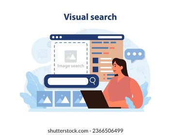 Motor de búsqueda visual. Ai, procesamiento de datos de sistemas informáticos de autoaprendizaje para el reconocimiento de imágenes. Tecnología moderna de aprendizaje de máquinas profundas. Ilustración vectorial plana