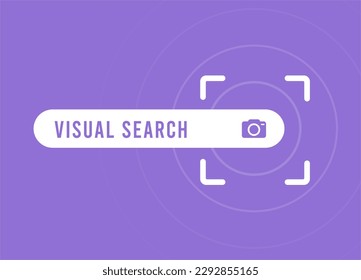 Visual search engine tool concept. Search by image as well as by text with visual search artificial intelligence technology tool. Search engine bar with a camera icon. Isolated on purple background