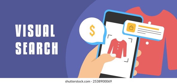 Visual search optimization for eCommerce banner, featuring technology that enhances product discovery. User takes product photo for fast search results. Perfect for boosting eCommerce visibility