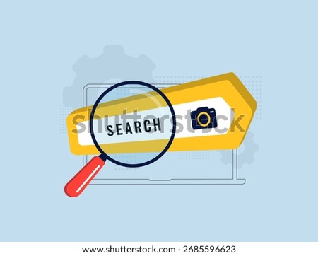 Visual search technology with AI-based image recognition to power search engine results. Analyzing visual input, matching objects, improving SEO marketing and product discovery vector illustration