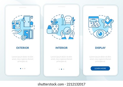 Visual Sense In Retail Experience Blue Onboarding Mobile App Screen. Walkthrough 3 Steps Editable Graphic Instructions With Linear Concepts. UI, UX, GUI Template. Myriad Pro-Bold, Regular Fonts Used