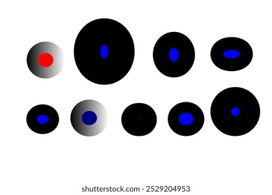 visual sequence of circles, each with a central element that changes in shape and color