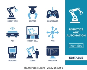 Visual set representing industrial manufacturing technology, mechanical arms, and computerized control systems