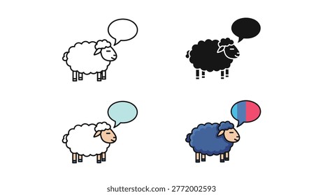 A visual set showcasing a sheep in four distinct representations. Includes a line drawing, a black silhouette, a soft blue colored version with a speech bubble, and a black sheep with a multicolor spe