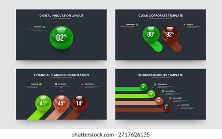 Visual Showcase 1 2 3 4 Option Diagram Slide Template Collection. Elegant Performance One Two Three Four Element Chart Slideshow Design Vector Illustration Set.