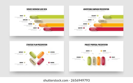 Coleção de Modelos de Apresentação de Diagrama em 4 Etapas do Visual Showcase. Financial Analysis Quatro Elementos Infográfico Apresentação de Slides Design Vetor Illustration Bundle.