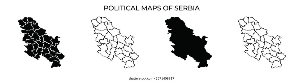 The visual showcases multiple political maps of Serbia, illustrating various administrative divisions, including key regions and boundary changes over time.