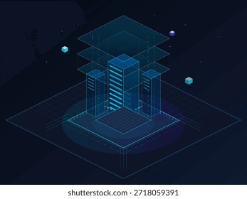 Das Bild zeigt ein digitales Design eines Rechenzentrums mit schichtweise angeordneten hohen Strukturen. Das Zentrum ist von schwimmenden Würfeln umgeben, die eine technologieorientierte Umgebung schaffen.