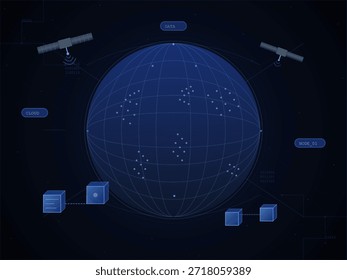 Ein Bild zeigt die Erde umgeben von Satelliten mit Linien, die sie verbinden. Daten, Cloud-Speicher und Knoten werden in einem technologieorientierten Stil dargestellt, der die globale Kommunikation veranschaulicht.