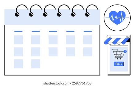 Visual shows a spiral-bound calendar with blank slots, a heart rate monitor symbol, and an online shopping cart icon. Ideal for time management, health tracking, e-commerce, digital lifestyle