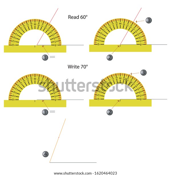 A visual step-by-step illustration of\
measuring and drawing corners with a\
protractor