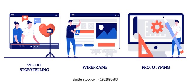 Visual storytelling, wireframe and prototyping concept with tiny people. Web page layout abstract vector illustration set. User experience, design concept, landing page, digital application metaphor.