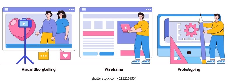 Contar historias visuales, wireframe y prototipado con caracteres de personas. Conjunto de ilustraciones vectoriales abstractas de diseño de páginas Web. Experiencia de usuario, concepto de diseño, página de inicio, aplicación digital.