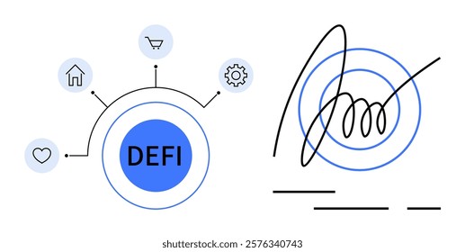 Visual structure with DEFI in the center and icons for house, cart, heart, and gear. Right side shows a stylized digital signature with blue circular accents. Ideal for fintech, blockchain, digital