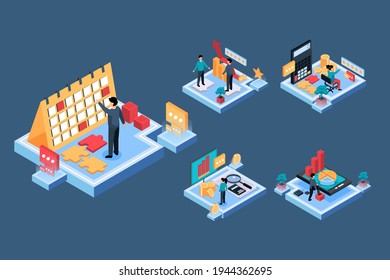 Visual Two businessman with calendar and work time, finance business concept, Isometric vector illustration