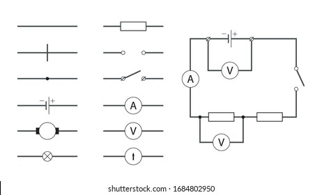 Visual vector illustration shows the symbols used in electrical circuits