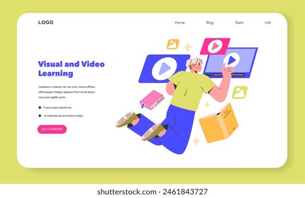 Video Concepto de aprendizaje visual y visual Un alumno curioso interactúa con contenido multimedia en la pantalla de un equipo, lo que mejora el aprendizaje mediante la Ilustración vectorial de ayudas visuales