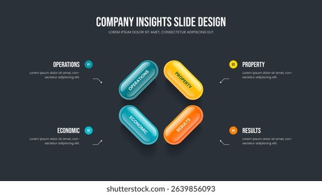 Visual Visualization 4 Element Diagram Frame Design. Service Overview Four Option Infographic Slideshow Template. Market Proposal Presentation Layout Vector Illustration.