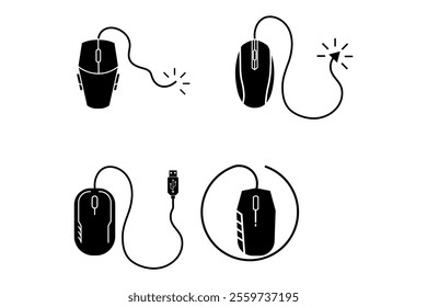 Visual Wired Computer Mouse Vector Set for Tech Industry Graphics, computer mouse, mouse clipart, computer accessories, tech gadgets, minimalist mouse design, tech clipart, minimalist design