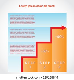 Visualisation of data, bar chart  with an ascending arrow on three positions,place for the text. Vector illustration for business project, workflow