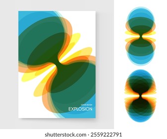 Visualisation of the propagation in space of a signal or explosion. Abstract geometric design. Vector illustration made of various overlapping elements. Applicable for banner, placard, poster or flyer