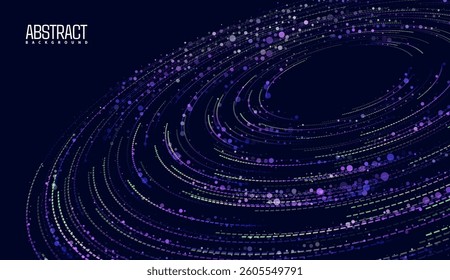 Visualization of big data with circular particles forming vortex trails. Futuristic design for science or finance infographics. Complex visual background with flowing abstract data