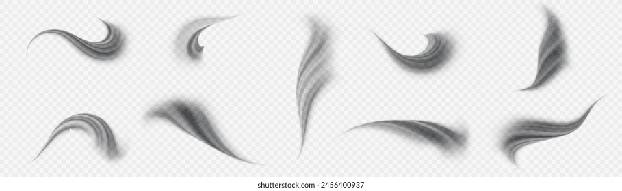 Visualization of black air flow or smog. Set of black air flow wave effects. vector png	
