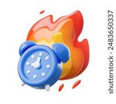 Visualization of a burning alarm clock. With the help of a flaming clock, the 3D vector illustration captures the essence of urgency, hot deals, perfect for symbolic icons and emoji.