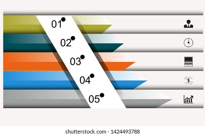 Visualization of business data, infographics. Scheme of process elements using graphs, diagrams of five stages, variants, parts, icons for business. Business vector for presentation.