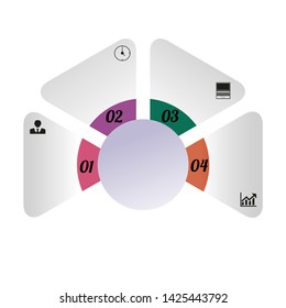 Visualization of business data, infographics. Scheme of process elements using graphs, diagrams of four stages, numbers, variants, parts with icons. Business vector for presentation.