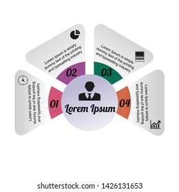 Visualization of business data, infographics. Scheme of process elements using graphs, diagrams with four stages, icons, text variants, parts. Business vector for presentation.