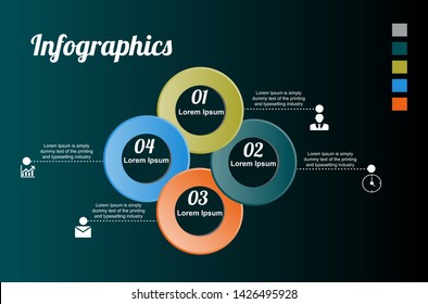 Visualization of business data, infographics. Scheme of the process elements using graphs, diagrams with four stages, icons, options, parts of the exampleforming the text. Business vector for presenta