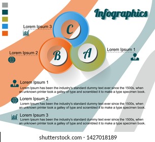 Visualization of business data, infographics. Scheme of process elements using graphs, diagrams with three stages, icons from below, variants, parts, an example of the design of the text. Business vec
