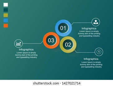Visualization of business data, infographics. Scheme of the process of elements using graphs, diagrams with three stages, icons, variants, parts, an example of text processing, drawing on a green back