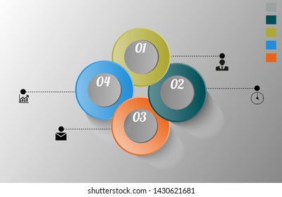 Visualization of business data, infographics. Scheme of process elements using graphs, diagrams of four stages, icons, variants, parts. Business vector for presentation.