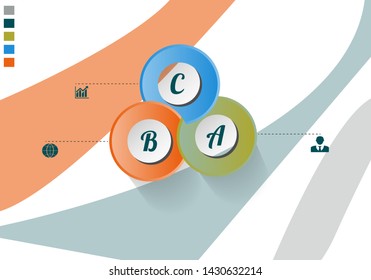Visualization of business data, infographics. Scheme of process elements using graphs, diagrams round with three stages, icons, variants, parts. Business vector for presentation.