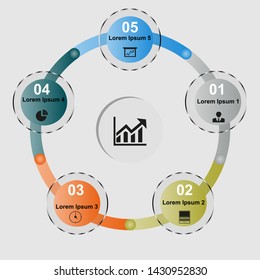 Visualization of business data, infographics. Scheme of process elements using graphs, diagrams, circles with five stages, numbers, icons, variants, parts. Business vector for presentation.