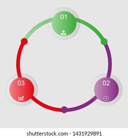 Visualization of business data, infographics. Scheme of process elements using graphs, diagrams of circles into three stages, numbers, icons, variants, parts. Business vector for presentation.