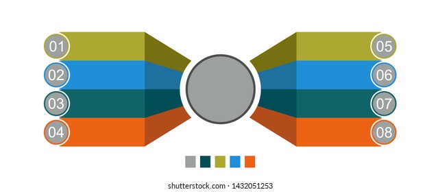 Visualization of business data, infographics. Scheme of process elements using graphs, diagrams circle with eight stages, numbers, variants, parts. Business vector for presentation.