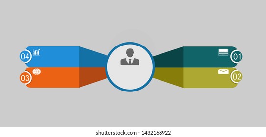 Visualization of business data, infographics. Scheme of process elements using graphs, charts of curved rectangles with four stages, icons, numbers, variants, parts. Business vector for presentation.