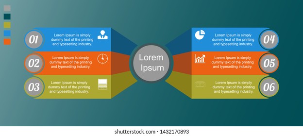 Visualization of business data, infographics. Scheme of process elements using graphs, charts of curved rectangles of six stages, icons, numbers, variants, parts. Business vector for presentation.
