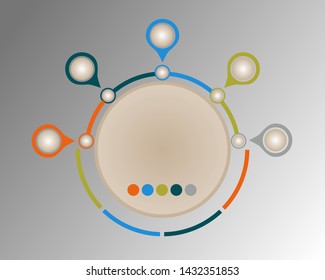 Visualization of business data, infographics. Scheme of process elements using graphs, diagrams round in five stages, empty, place for text, variants, parts. Business vector for presentation.