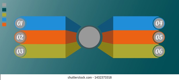 Visualization of business data, infographics. Scheme of process elements using graphs, charts curved rectangles for six stages, numbers, place for text, variants, parts. Business vector for presentati
