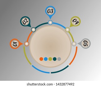 Visualization of business data, infographics. Scheme of process elements using graphs, diagrams, circle colored with five stages, numbers, variants, parts. Business vector for presentation.