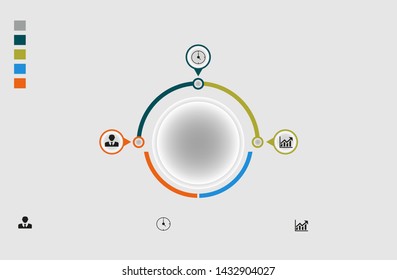 Visualization of business data, infographics. Scheme of process elements using graphs, circle diagrams colored with five stages, numbers, variants, parts, icons from below. Business vector for present
