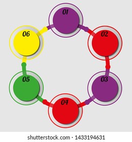 Visualization of business data, infographics. Scheme of process elements using graphs, diagrams six circles of stages, numbers, variants, parts. Business vector for presentation.