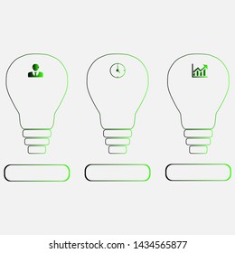 Visualization of business data, infographics. Scheme of process elements using graphs, diagrams of light bulbs three pieces, numbers, icons, text, variants, parts. Business vector for presentation.