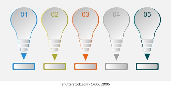 Visualization of business data, infographics. Scheme of process elements using graphs, diagrams of bulbs for five steps, numbers, variants, parts. Business vector for presentation.